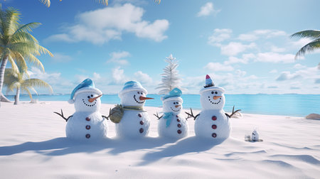 Snowman family at the beach in Christmas time. 3d renderの素材