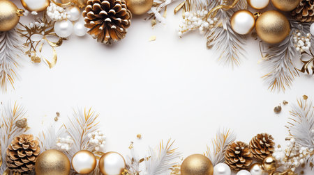 Christmas and New Year background with gold and white decorations. Top view, copy space.の素材