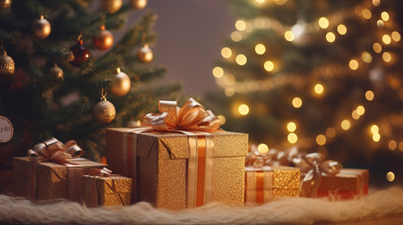 Gift boxes and christmas tree on bokeh background.の素材