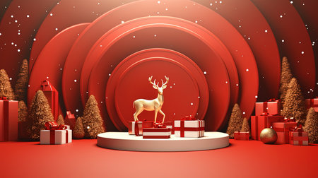Christmas and New Year background with red podium, gift boxes and golden deer. Vector illustration.の素材