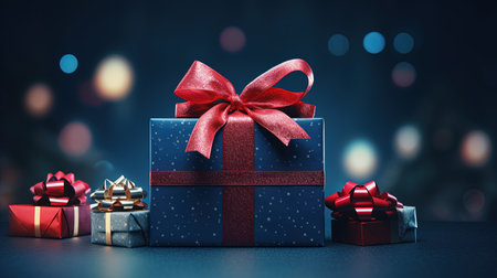 Gift boxes with red bow on bokeh background. 3d renderingの素材
