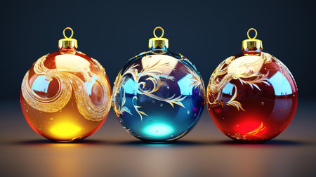 3D render of colorful christmas baubles on dark backgroundの素材