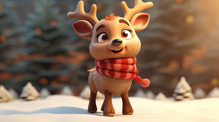 3d render of cute reindeer with scarf in winter forestの素材