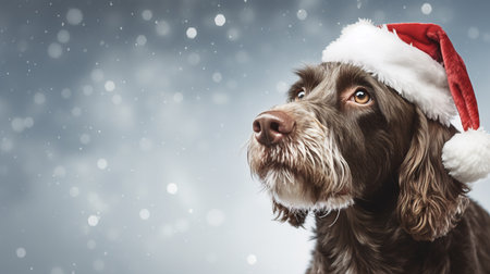 Cute dog in christmas hat on gray background with snow.の素材