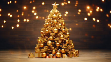 Christmas tree with golden balls and gifts on wooden background. 3d renderingの素材
