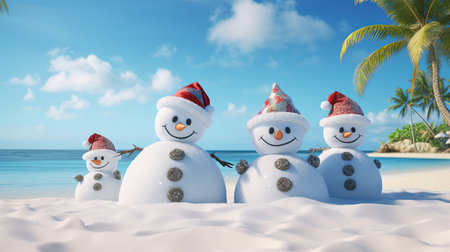3d render of snowman family with santa hat on tropical beachの素材