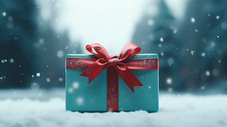 Christmas gift box with red ribbon and bow in snowy forest. 3d renderingの素材