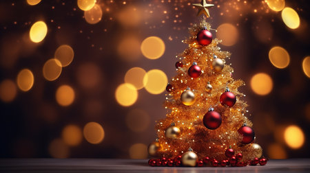 Christmas tree with red baubles and golden stars on bokeh backgroundの素材