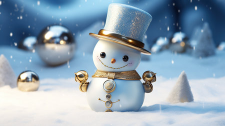 Snowman in the snow. Christmas background. 3D illustration.の素材
