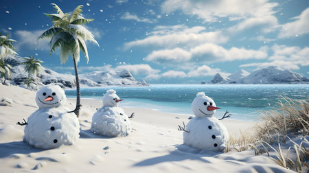 Snowman family on a tropical beach. 3D Rendering.の素材