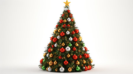 3D render Christmas tree with red and green baubles on white backgroundの素材
