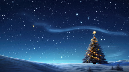 Christmas tree in snowy landscape with starry sky and moonlight illustrationの素材