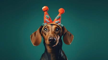 Dachshund dog wearing christmas hat on dark green backgroundの素材
