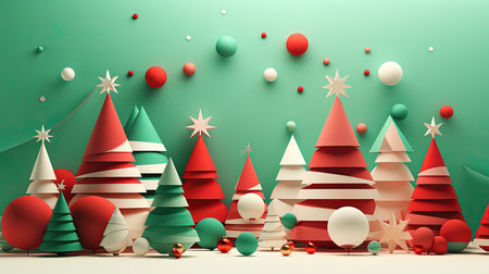 Christmas tree with red and green balls on green background. 3d illustrationの素材