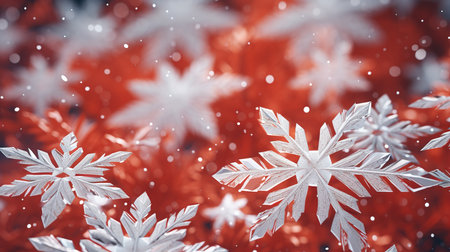 Christmas background with snowflakes. Snowflakes on red backgroundの素材