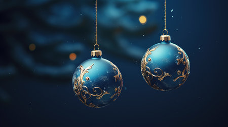 3D rendering Christmas ornaments on dark blue background with bokeh effectの素材