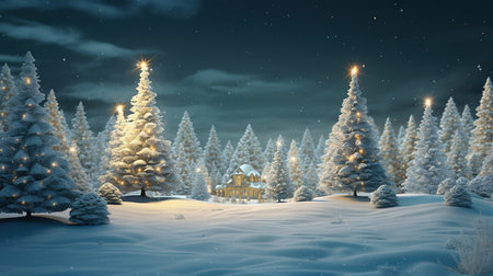 3d render of winter landscape with christmas house and fir treesの素材