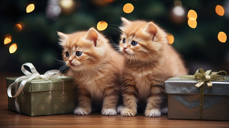 Two cute little kittens with gift boxes on background of christmas treeの素材