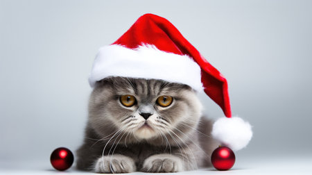 Cute cat in santa hat with christmas balls on grey backgroundの素材