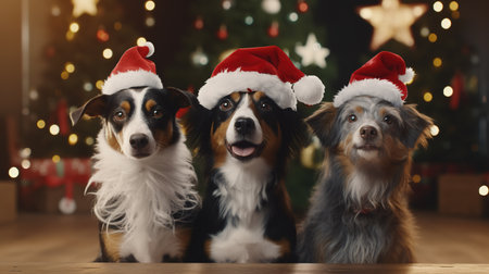 Three australian shepherd dogs in red santa hats at homeの素材