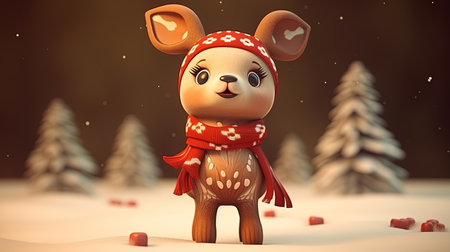 Cute reindeer in winter forest. 3D illustration.の素材