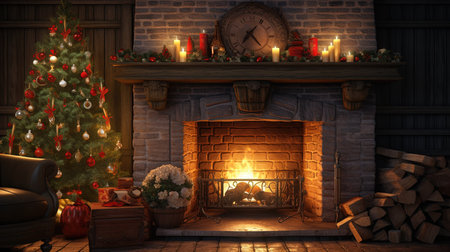 Beautiful Christmas interior with fireplace and Christmas tree. 3D rendering.の素材