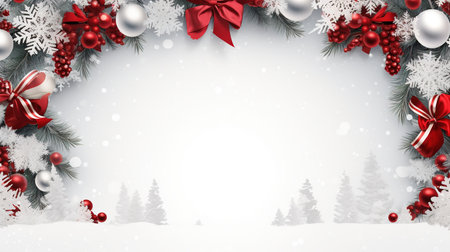 Christmas background with fir branches, snow and decorations. Vector illustration.の素材