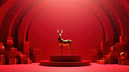 3d render of christmas background with reindeer and red podiumの素材