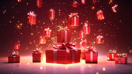Gift boxes flying in the air with bokeh effect. 3D renderingの素材