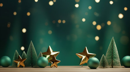 3d render of christmas tree and golden star on green backgroundの素材