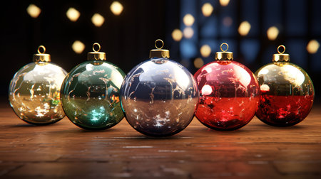 3d render of christmas baubles on a wooden floorの素材