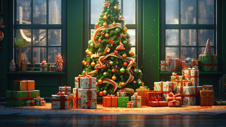 Christmas tree with presents in the living room. 3D rendering.の素材