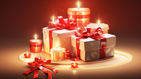 Christmas gift boxes with red ribbons and candles 3d render illustrationの素材