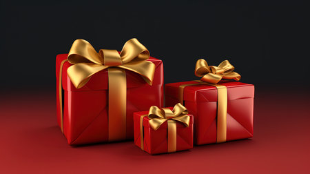 3d render of red gift boxes with golden bow over black backgroundの素材