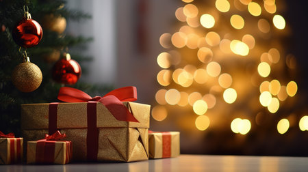 Gift boxes and christmas tree on blurred bokeh backgroundの素材