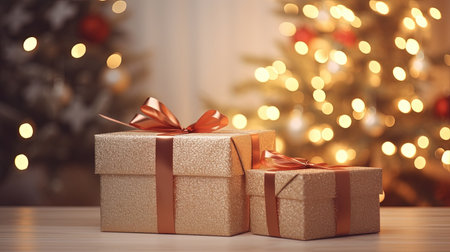 Gift boxes on wooden table in front of christmas tree backgroundの素材
