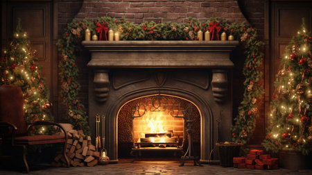 Christmas interior with fireplace and christmas tree. 3d rendering.の素材