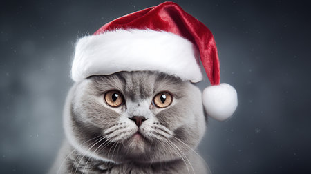 Cute british shorthair cat wearing santa claus hatの素材