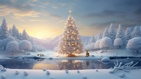 Snowy winter landscape with Christmas tree and snowdrift. 3d renderingの素材
