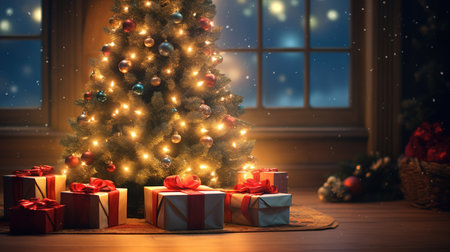 Christmas tree with gifts on a wooden floor in front of the windowの素材