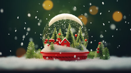 Christmas snow globe with christmas trees and house in the snow. 3D renderingの素材