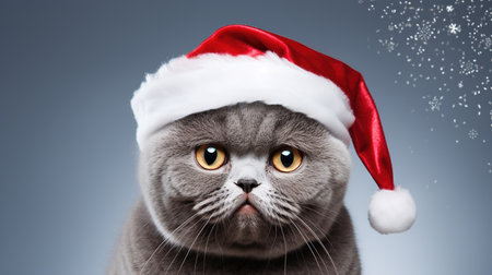 Portrait of a Scottish fold cat wearing a Santa Claus hat.の素材