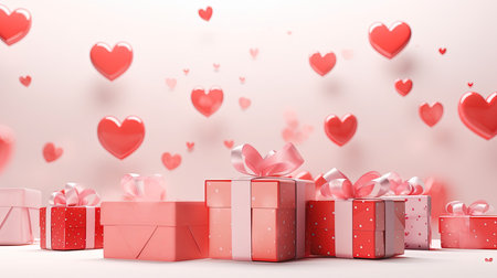Valentine's day background with gift boxes and hearts 3D renderingの素材