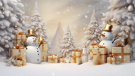 Christmas background with snowman and gift boxes. 3d illustration.の素材