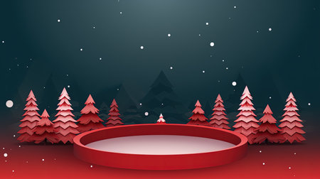 Christmas and New Year background with winter landscape and podium. Vector illustration.の素材