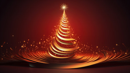 Abstract christmas tree made from golden lines on red background. Vector illustration.の素材