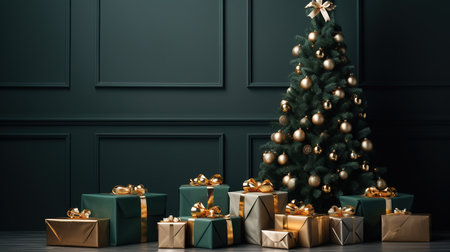 Christmas tree with gifts on a dark background. 3d rendering.の素材
