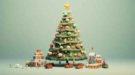 Christmas tree with toys on the background of the city. 3d illustrationの素材