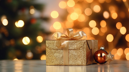 Golden gift box with christmas ball on bokeh lights backgroundの素材