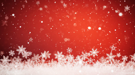 Christmas background with snowflakes and bokeh lights on red backgroundの素材